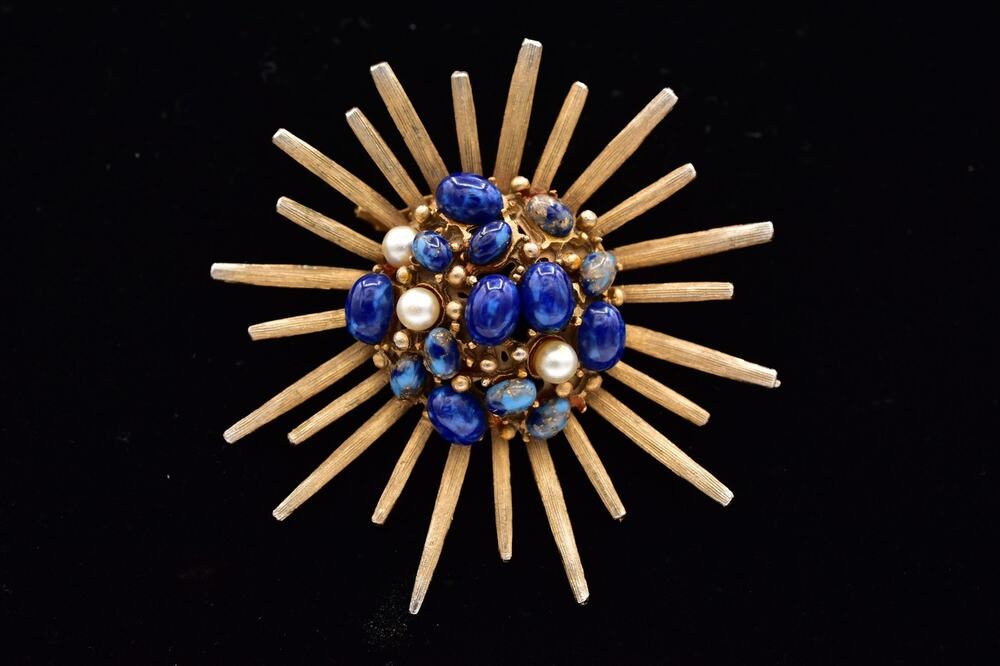 Vintage Lapis Cabochon Starburst Flower Pin Brooch Antiqued Gold Retro 60s BinBP